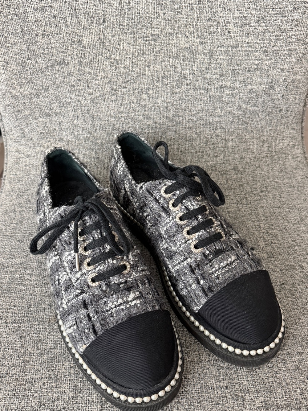 CHANEL Black and Gray Tweed Lace-Up Sneakers with Pearl Trim